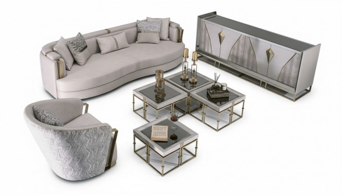 Luxe stoffen bankstel met fauteuil en salontafel set van 7 stuks in het grijs.
