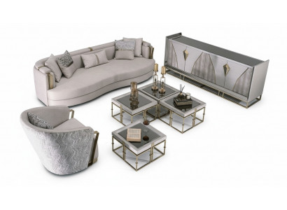Luxe stoffen bankstel met fauteuil en salontafel set van 7 stuks in het grijs.