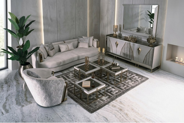 Woonkamer groep bankstellen stoffen bank fauteuil salontafel set 6-delig grijs