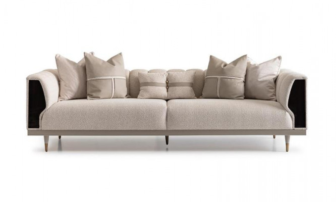 Woonkamergroep driezits fauteuil stoffen bankstel 6-delig beige salontafels
