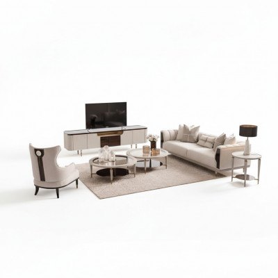 Woonkamergroep driezits fauteuil stoffen bankstel 6-delig beige salontafels