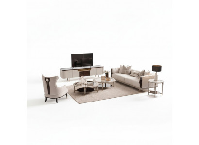 Woonkamergroep driezits fauteuil stoffen bankstel 6-delig beige salontafels