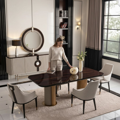 Luxe eetgroep eetkamer eettafel eethoek stoelen Beige hout set 7-delig