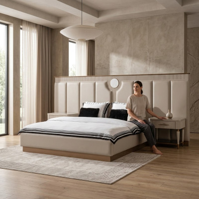 Garnituur Slaapkamer Tweepersoonsbed Bed Nachtkastjes Set 3-delig Beige Stof
