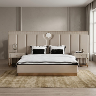 Garnituur Slaapkamer Tweepersoonsbed Bed Nachtkastjes Set 3-delig Beige Stof
