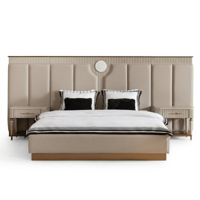 Garnituur Slaapkamer Tweepersoonsbed Bed Nachtkastjes Set 3-delig Beige Stof