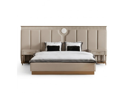 Garnituur Slaapkamer Tweepersoonsbed Bed Nachtkastjes Set 3-delig Beige Stof