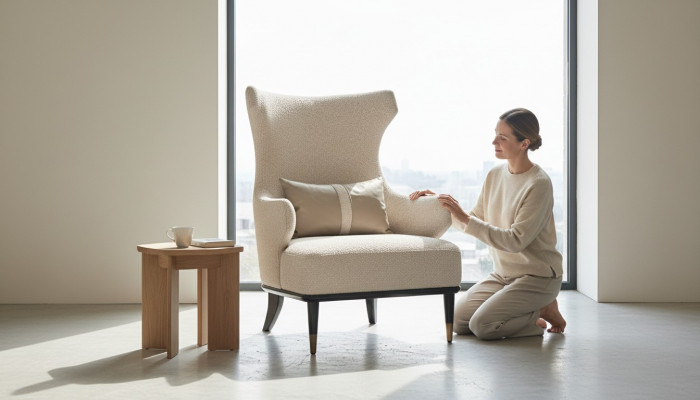 Luxe moderne fauteuil met oren, eenzitter, luxe beige stof, modern woonkamer