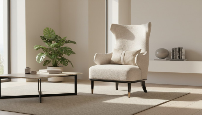 Luxe moderne fauteuil met oren, eenzitter, luxe beige stof, modern woonkamer