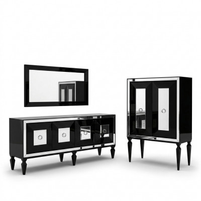 Volledige spiegel barkast zwart hout dressoir kast
