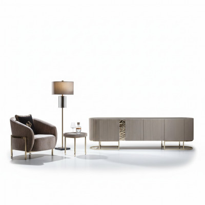 Groep fauteuils Woonkamer Bijzettafel Beige Stof TV-standaard Set van 3 delen