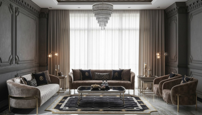 Grote bankstel bankstel Driepersoons fauteuil Beige stof Tafels 5-delig