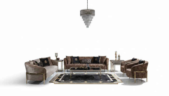 Grote bankstel bankstel Driepersoons fauteuil Beige stof Tafels 5-delig