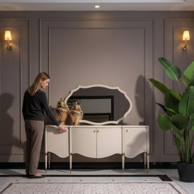 Groep dressoir met spiegel dressoir kast hout beige ladekastset.