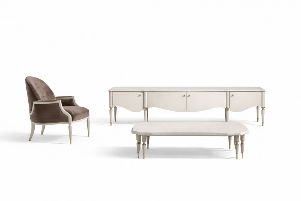 Stel woonkamer fauteuil stof salontafel RTV Lowboard 3-delig beige hout