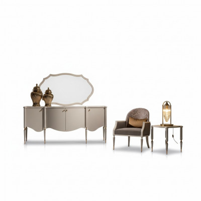 Woonkamerset 4-delig Fauteuil Bijzettafel Dressoir Spiegel Beige