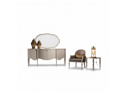 Woonkamerset 4-delig Fauteuil Bijzettafel Dressoir Spiegel Beige