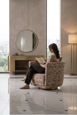 Garnituur woonkamer fauteuil ladekast spiegel beige stof hout relax 3-delig