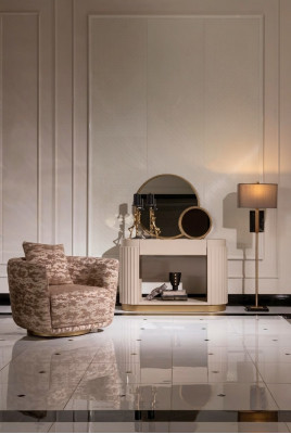 Garnituur woonkamer fauteuil ladekast spiegel beige stof hout relax 3-delig