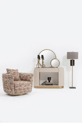 Garnituur woonkamer fauteuil ladekast spiegel beige stof hout relax 3-delig