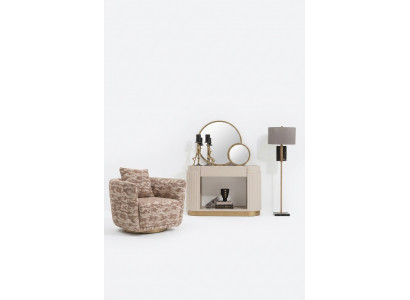 Garnituur woonkamer fauteuil ladekast spiegel beige stof hout relax 3-delig