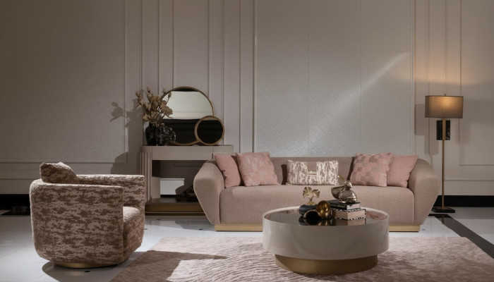 Bankstel bankstel 3-zits fauteuil salontafel dressoir Beige stof 5 delen