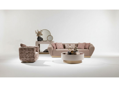 Bankstel bankstel 3-zits fauteuil salontafel dressoir Beige stof 5 delen