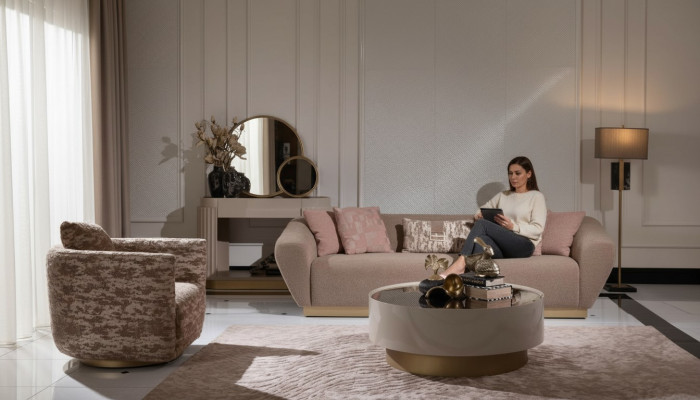 Stoffen bankstel bankstel bank 3-zits fauteuil salontafel beige stof 3-delig
