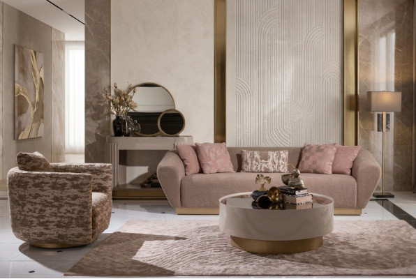 Stoffen bankstel bankstel bank 3-zits fauteuil salontafel beige stof 3-delig