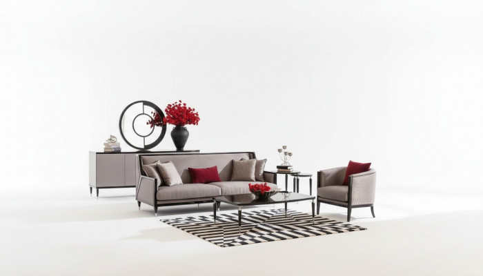 Sofa set met driezitsbank, fauteuil en salontafels, 5-delig grijs stoffen bankstel.