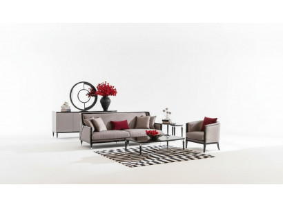 Sofa set met driezitsbank, fauteuil en salontafels, 5-delig grijs stoffen bankstel.