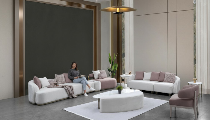 Bankstel Grote bank Gestoffeerde bank Stoffen bank Roze Driezitsbank Set 4-delig