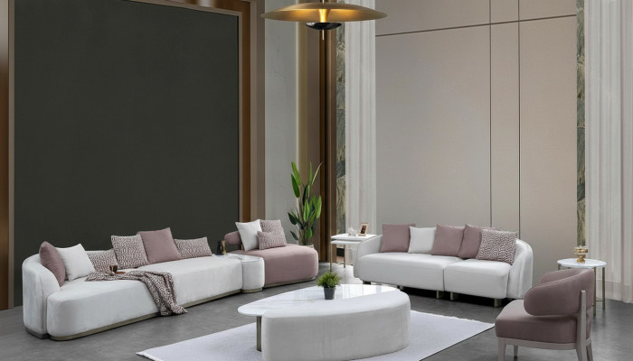 Bankstel Grote bank Gestoffeerde bank Stoffen bank Roze Driezitsbank Set 4-delig