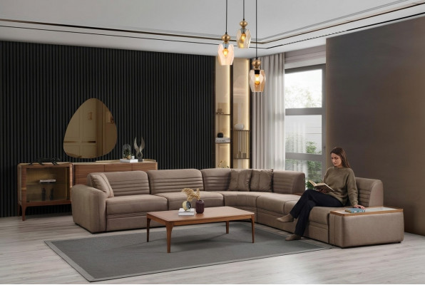 Hoekbank Bank Kunstleer Salontafel Bruin Gestoffeerde bank Woonkamer
