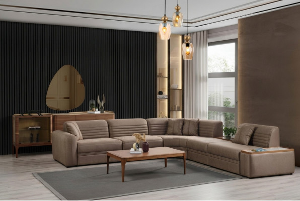Hoekbank Bank Kunstleer Salontafel Bruin Gestoffeerde bank Woonkamer