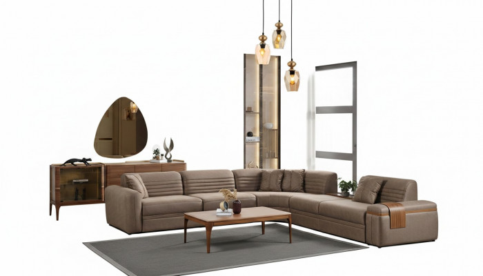 Hoekbank Bank Kunstleer Salontafel Bruin Gestoffeerde bank Woonkamer