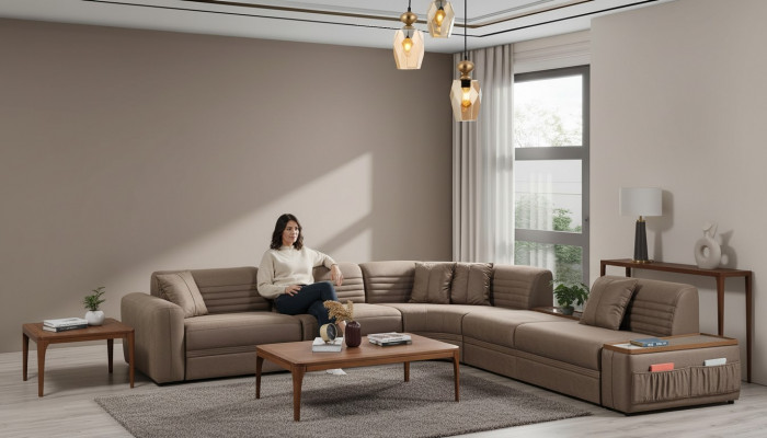 Bank hoekbank bank kunstleer bruin gestoffeerde bank woonkamer leren bank
