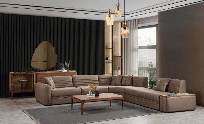 Bank hoekbank bank kunstleer bruin gestoffeerde bank woonkamer leren bank