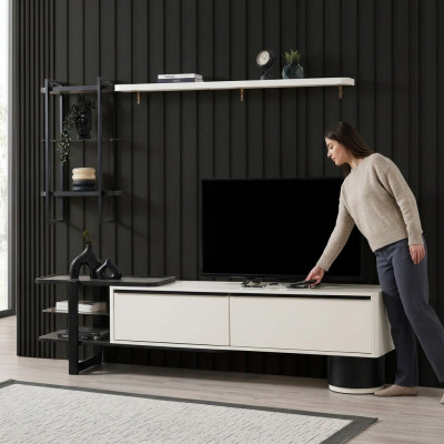 Woonkamer RTV Lowboard TV-standaard kast hout wit planken woonwand