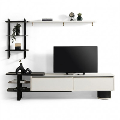 Woonkamer RTV Lowboard TV-standaard kast hout wit planken woonwand