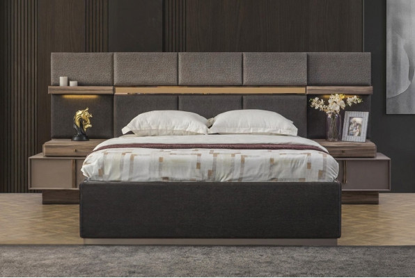 Compleet slaapkamer tweepersoonsbed set 3-delig bed nachtkastjes grijs stof
