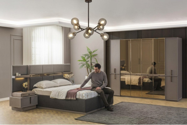 Slaapkamer set dubbel bed bed nachtkastjes kast 4-delig grijs.