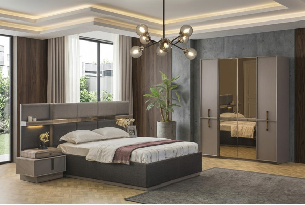 Tweepersoonsbed Complete slaapkamer Bed 4-delig Grijs Nachtkastjes Kast