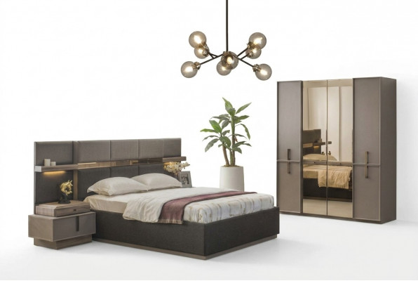 Tweepersoonsbed Complete slaapkamer Bed 4-delig Grijs Nachtkastjes Kast