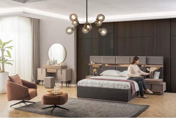 Slaapkamer Compleet tweepersoonsbed Bed Nachtkastjes Console 6-delig Grijs