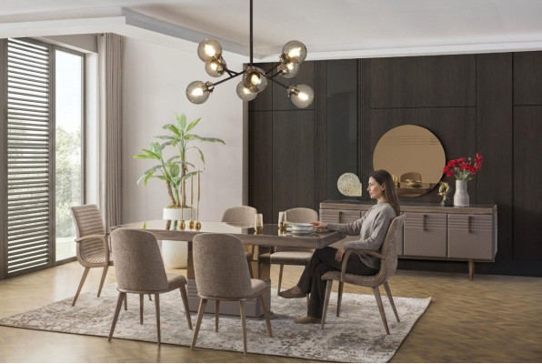 Luxe eethoek eetkamer eettafel eetgroep stoelen grijs hout set 9-delig.