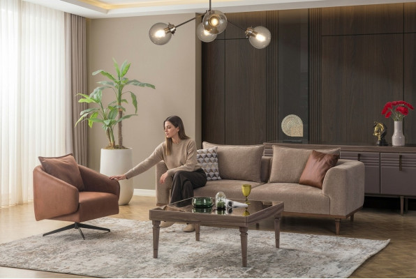 Bankstel driezits fauteuil gestoffeerde bank moderne stoffen bankstel bruin set