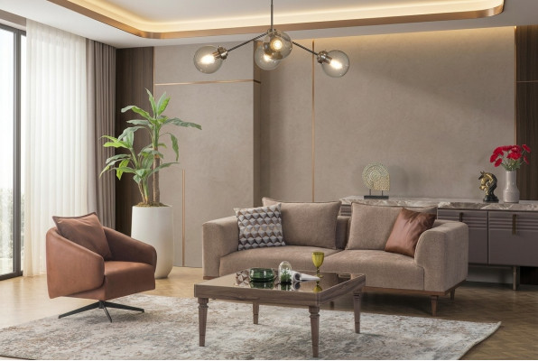 Bankstel driezits fauteuil gestoffeerde bank moderne stoffen bankstel bruin set
