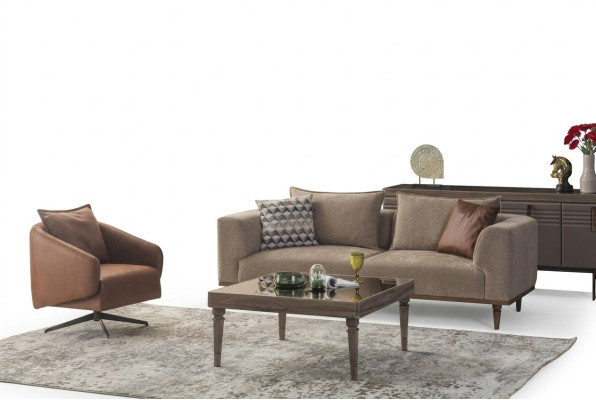 Bankstel driezits fauteuil gestoffeerde bank moderne stoffen bankstel bruin set