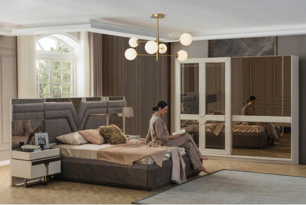 Garnituur Slaapkamer Tweepersoonsbed Bed Nachtkastjes 4-delig Grijs Kast